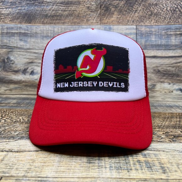 NJ Devils Mens Trucker Hat Red Snapback 80s Logo Hockey Retro Baseball Cap - Picture 2 of 7